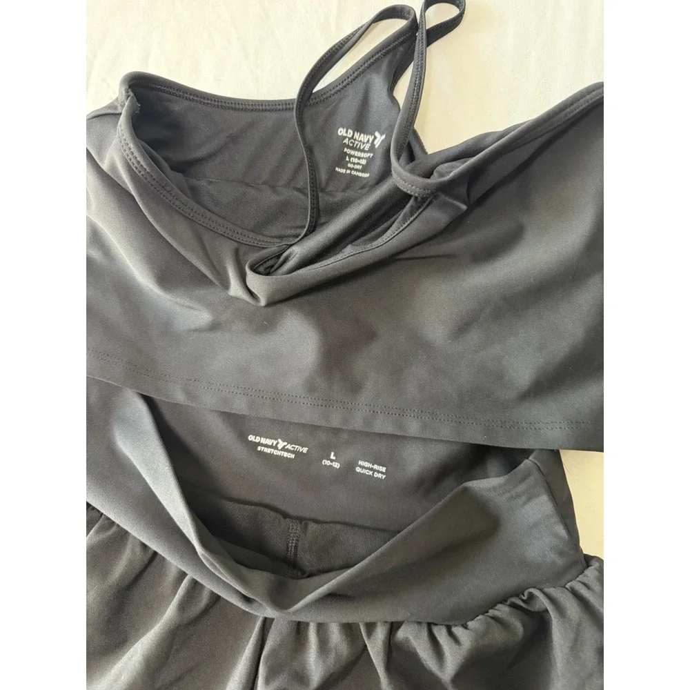 Old Navy Active Girls Size L 10/12 Black Powersoft Tank Shorts 2pc Athletic Set